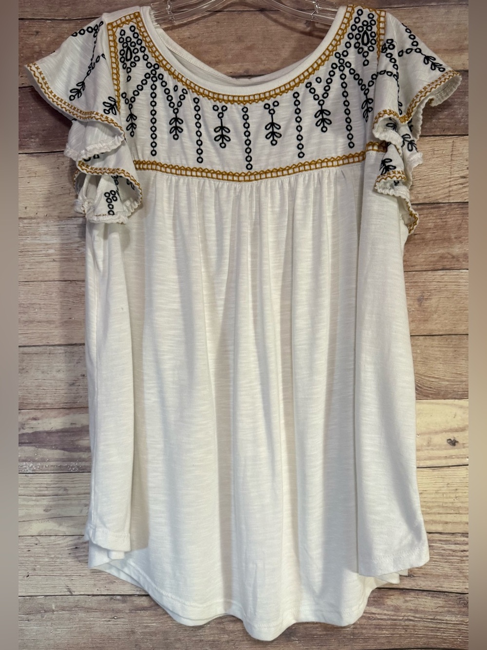 Lane Bryant Cream Embroidered Ruffle Sleeve Blouse with Black & Gold Accents